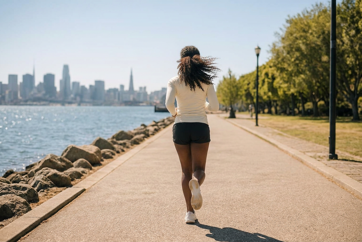 A woman running alone on a sunny paved waterfront path, with a distant city skyline across the water