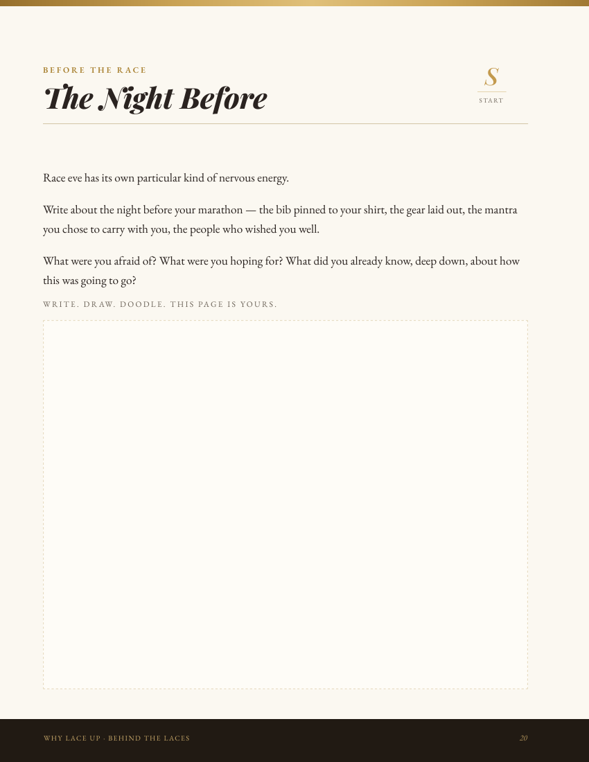 Journal writing prompt page: The Night Before — race eve reflection with space to write